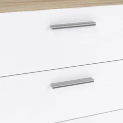 Madie|Credenze > Dmora Credenza quercia e bianco lucida 140x40x82h cm 8 cassetti - Aligon Bianco Lucido, Marrone Quercia