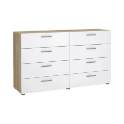 Madie|Credenze > Dmora Credenza quercia e bianco lucida 140x40x82h cm 8 cassetti - Aligon Bianco Lucido, Marrone Quercia