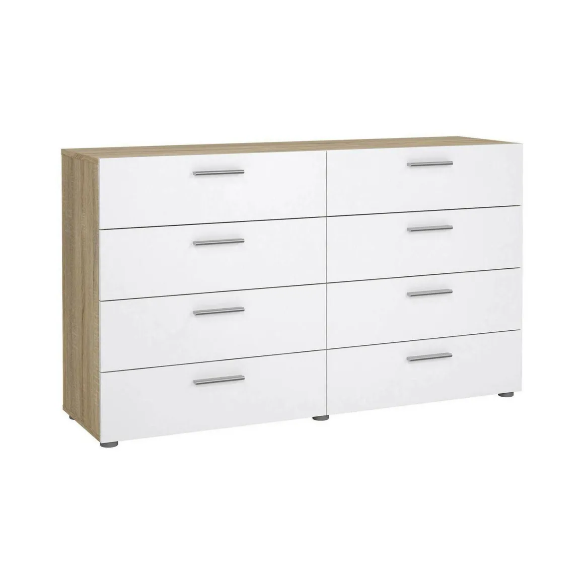 Madie|Credenze > Dmora Credenza quercia e bianco lucida 140x40x82h cm 8 cassetti - Aligon Bianco Lucido, Marrone Quercia