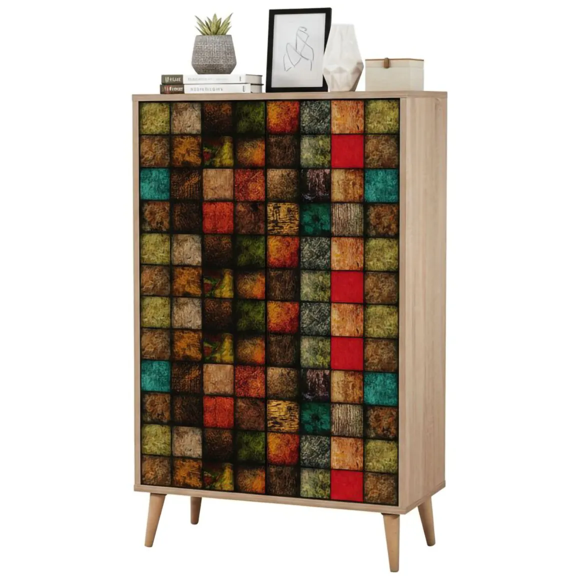 Madie|Credenze > Dmora Credenza quercia e multicolore 95x36x111h cm 4 ante - Agyemang Multicolore, Marrone Quercia