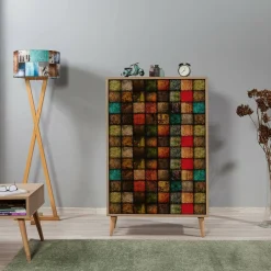 Madie|Credenze > Dmora Credenza quercia e multicolore 95x36x111h cm 4 ante - Agyemang Multicolore, Marrone Quercia
