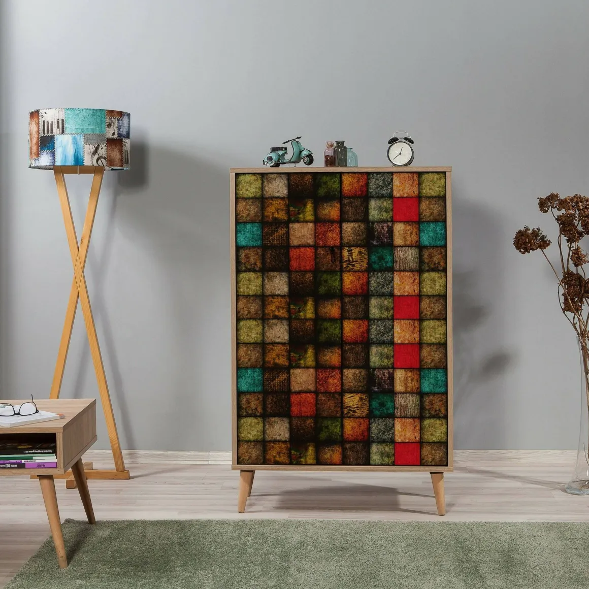 Madie|Credenze > Dmora Credenza quercia e multicolore 95x36x111h cm 4 ante - Agyemang Multicolore, Marrone Quercia
