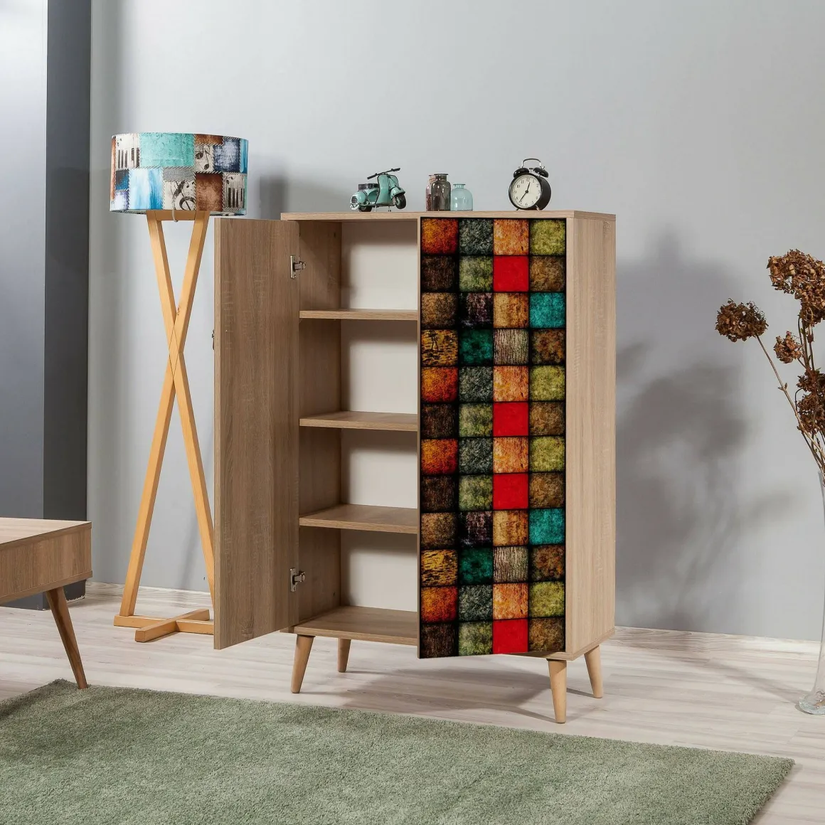 Madie|Credenze > Dmora Credenza quercia e multicolore 95x36x111h cm 4 ante - Agyemang Multicolore, Marrone Quercia