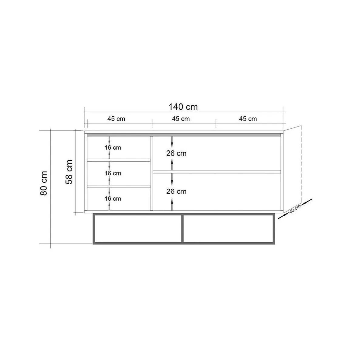 Credenza quercia e nera 140x40x80h cm 3 ante - Ammolite