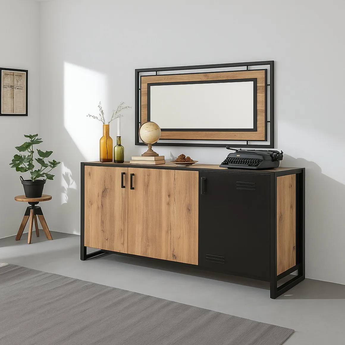 Credenza quercia e nera 140x45x80h cm 3 ante - Yvonne