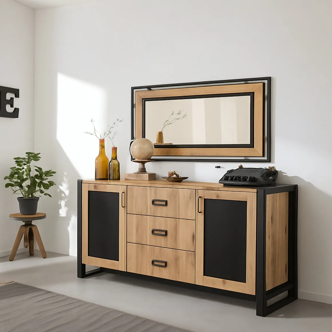 Credenza quercia e nera 160x45x80h cm 2 ante e 3 cassetti - Baldo