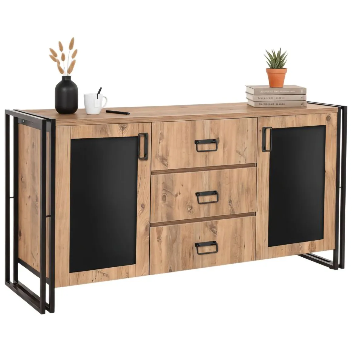 Credenza quercia e nera 160x45x80h cm 2 ante e 3 cassetti - Baldo