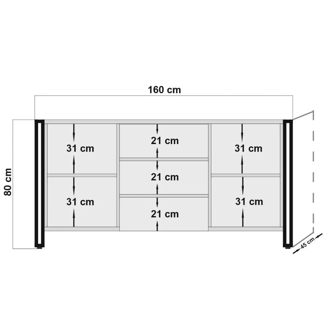 Credenza quercia e nera 160x45x80h cm 2 ante e 3 cassetti - Baldo