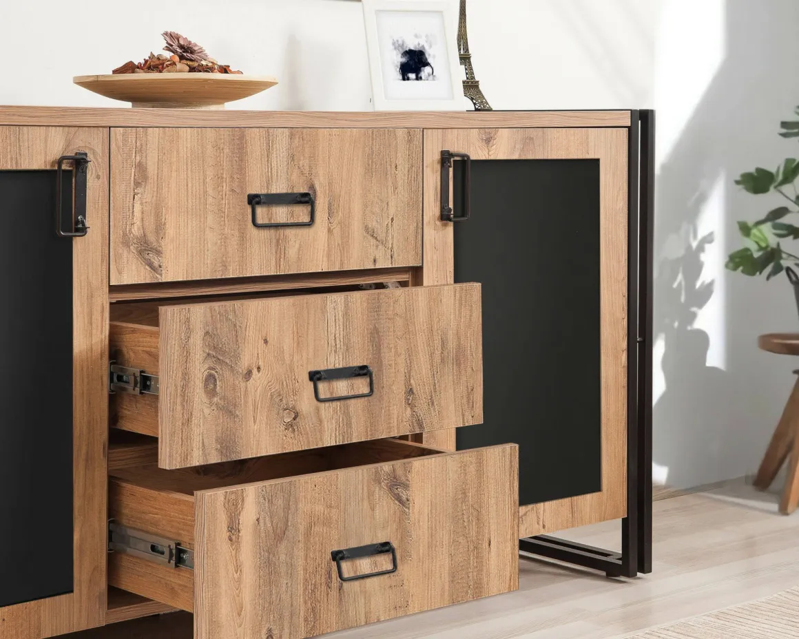 Credenza quercia e nera 160x45x80h cm 2 ante e 3 cassetti - Baldo