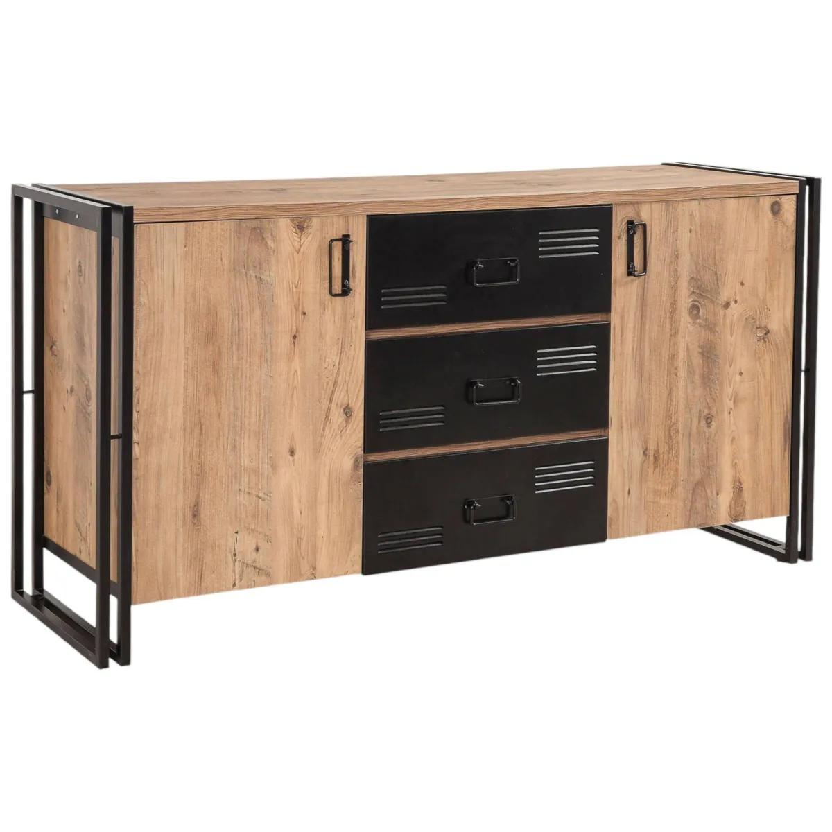 Madie|Credenze > Dmora Credenza quercia e nera 160x45x80h cm 2 ante e 3 cassetti - Cimaron Nero, Marrone Quercia
