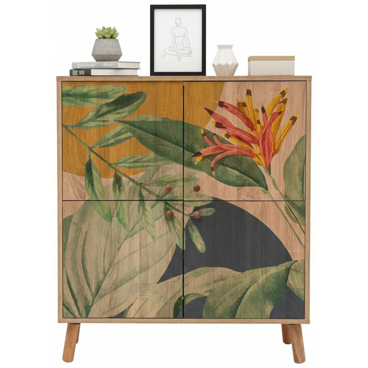 Madie|Credenze > Dmora Credenza quercia e verde 95x36x111h cm 4 ante - Agyemang Verde, Marrone Quercia