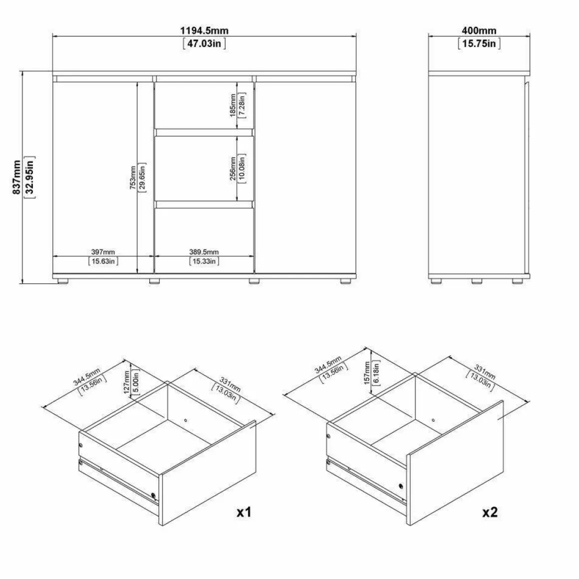 Credenza quercia 119x40x83h cm 2 ante e 3 cassetti - Zumpano