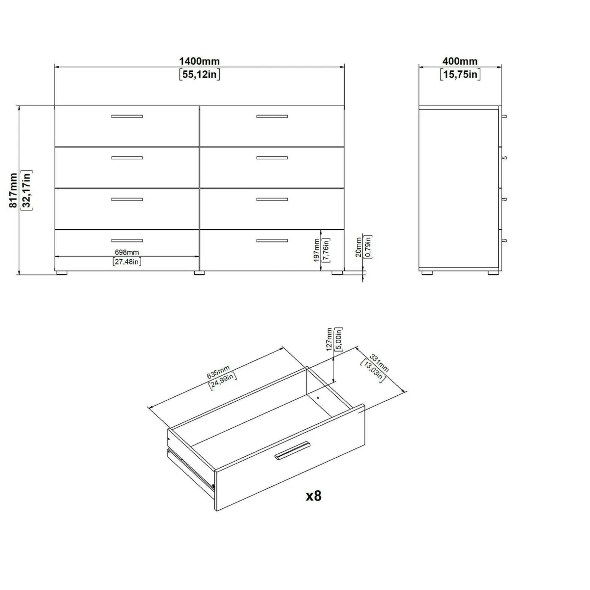 Madie|Credenze > Dmora Credenza quercia 140x40x81h cm 8 cassetti - Phethai Marrone Quercia