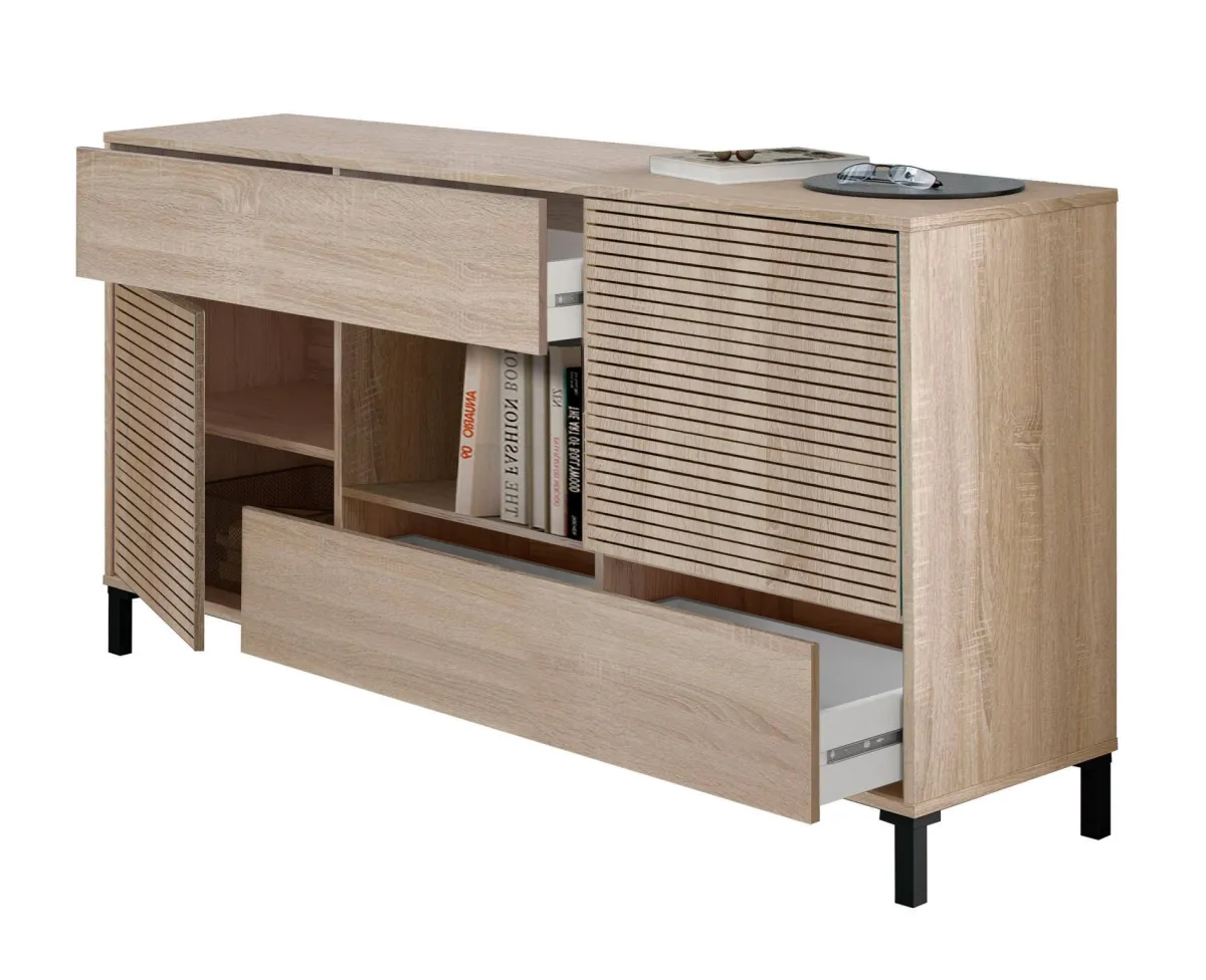Cucina|Madie > Dmora Credenza rovere cannettato 151x41x80h cm 2 ante e 2 cassetti - Abib Marrone Rovere