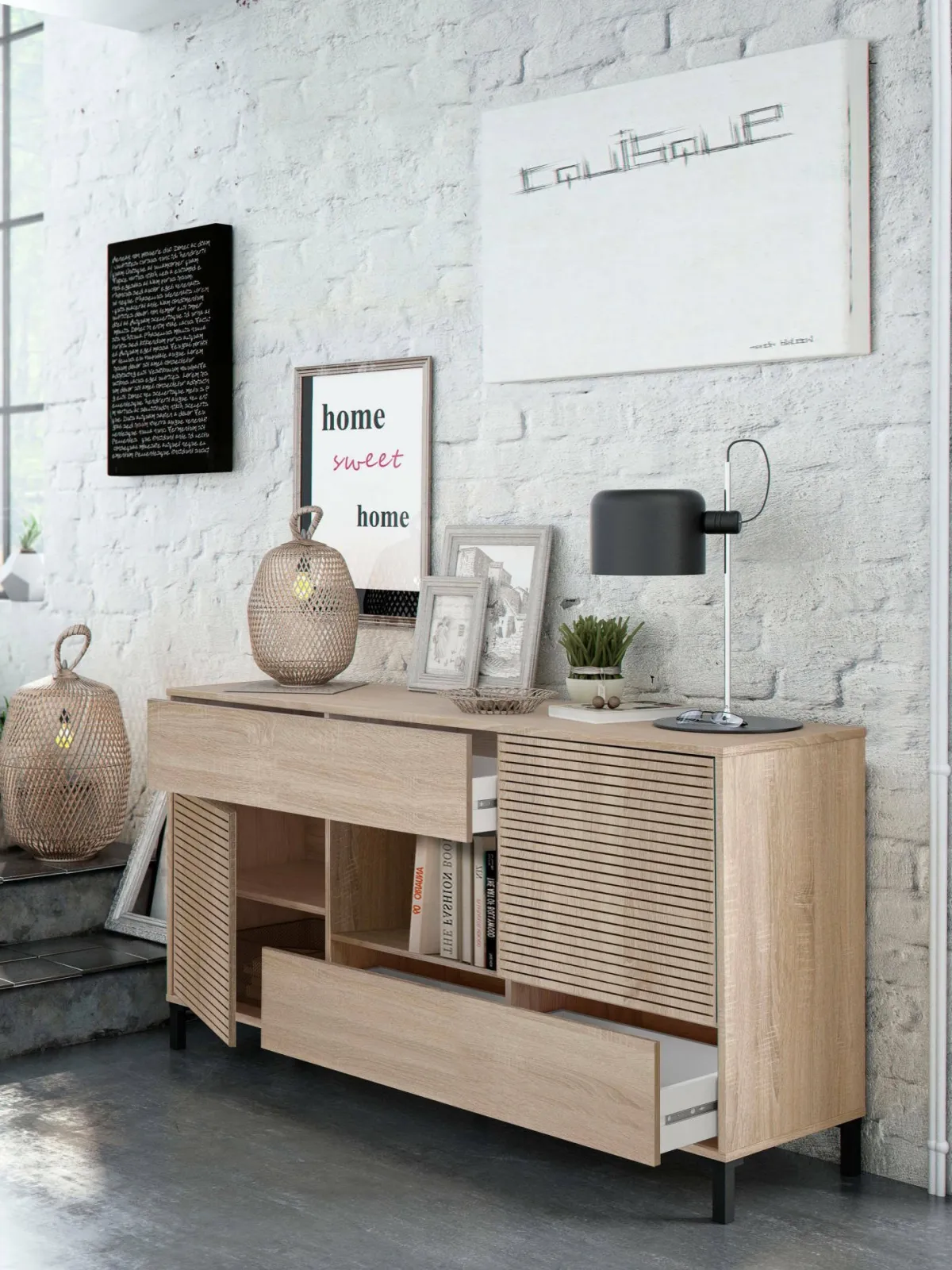 Cucina|Madie > Dmora Credenza rovere cannettato 151x41x80h cm 2 ante e 2 cassetti - Abib Marrone Rovere