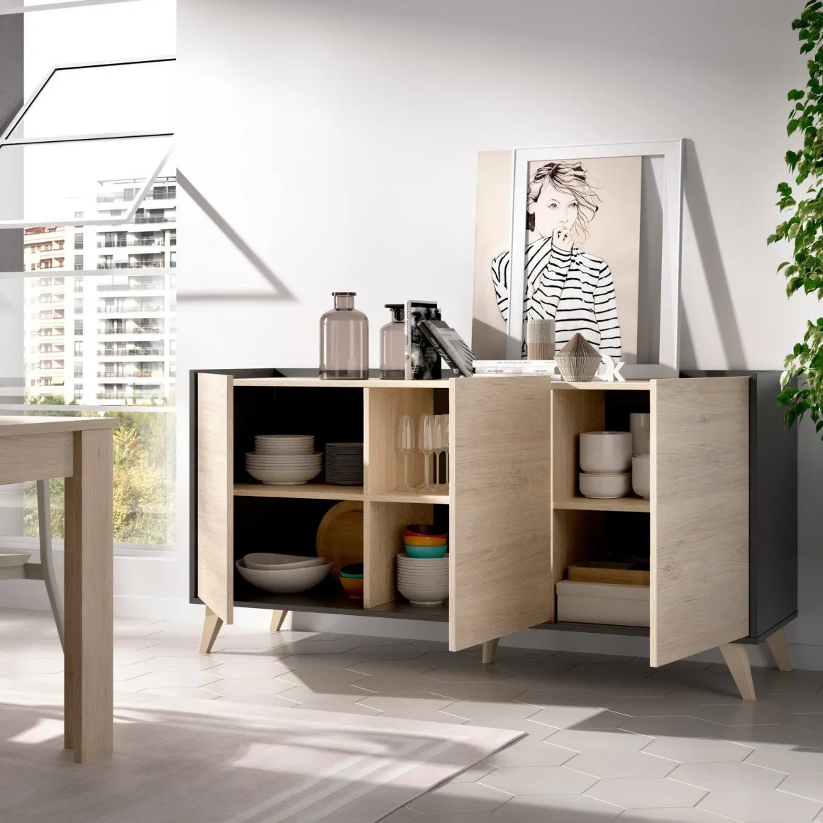 Credenza rovere e antracite 155x43x75h cm 3 ante - Afrodite