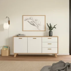 Madie|Credenze > Dmora Credenza rovere e bianca 147x39x73h cm 2 ante e 3 cassetti - Pepito Bianco, Marrone Rovere