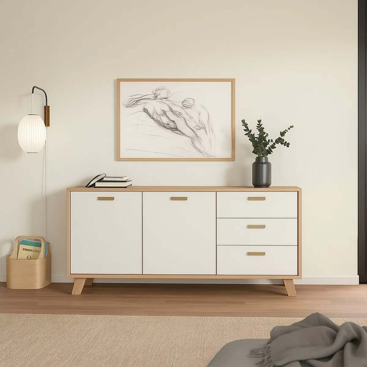 Madie|Credenze > Dmora Credenza rovere e bianca 147x39x73h cm 2 ante e 3 cassetti - Pepito Bianco, Marrone Rovere
