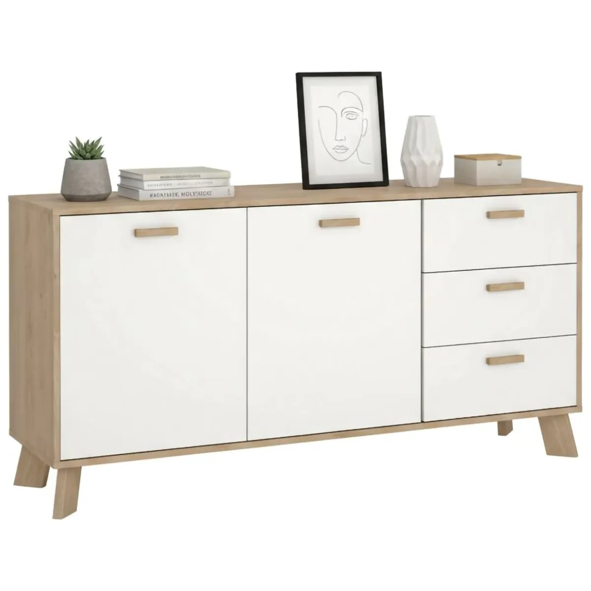Madie|Credenze > Dmora Credenza rovere e bianca 147x39x73h cm 2 ante e 3 cassetti - Pepito Bianco, Marrone Rovere