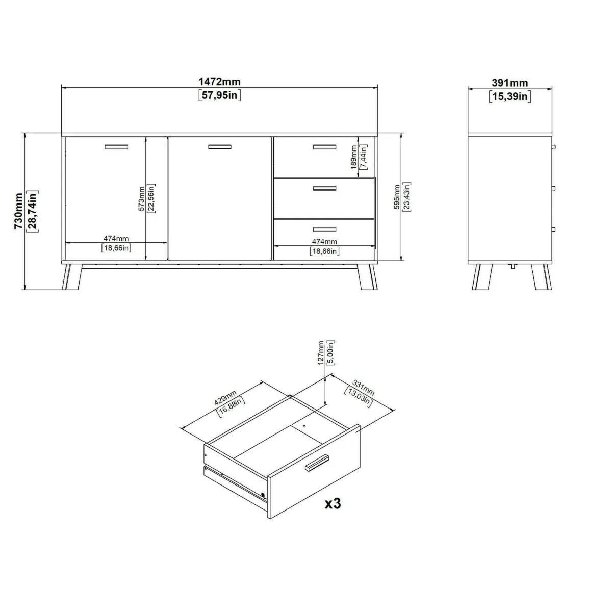 Madie|Credenze > Dmora Credenza rovere e bianca 147x39x73h cm 2 ante e 3 cassetti - Pepito Bianco, Marrone Rovere