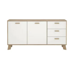 Madie|Credenze > Dmora Credenza rovere e bianca 147x39x73h cm 2 ante e 3 cassetti - Pepito Bianco, Marrone Rovere