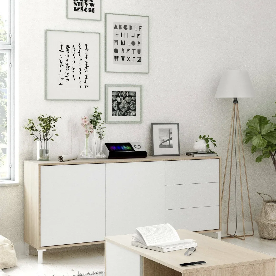 Credenza rovere e bianca 154x41x75h cm 2 ante e 3 cassetti - Ardelia