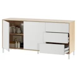 Madie|Credenze > Dmora Credenza rovere e bianca 155x39x92h cm 6 cassetti - Chito Bianco, Marrone Rovere
