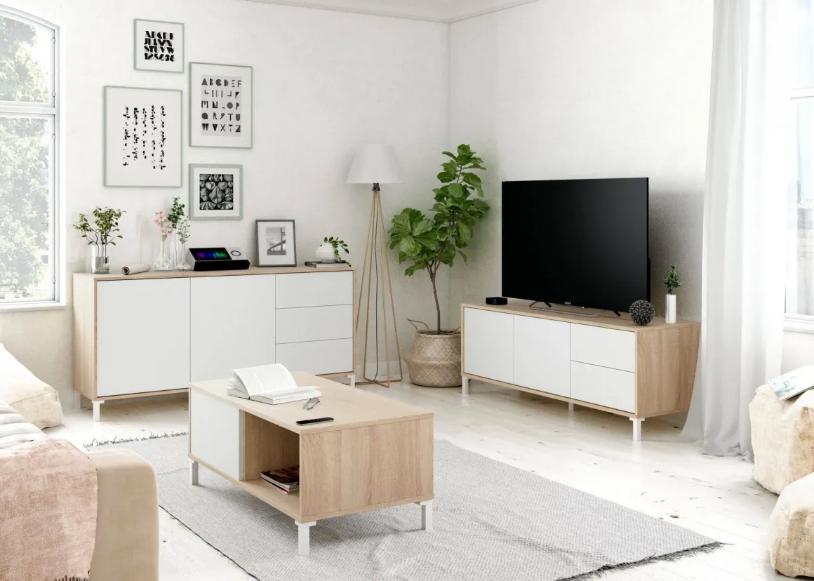 Credenza rovere e bianca 154x41x75h cm 2 ante e 3 cassetti - Ardelia