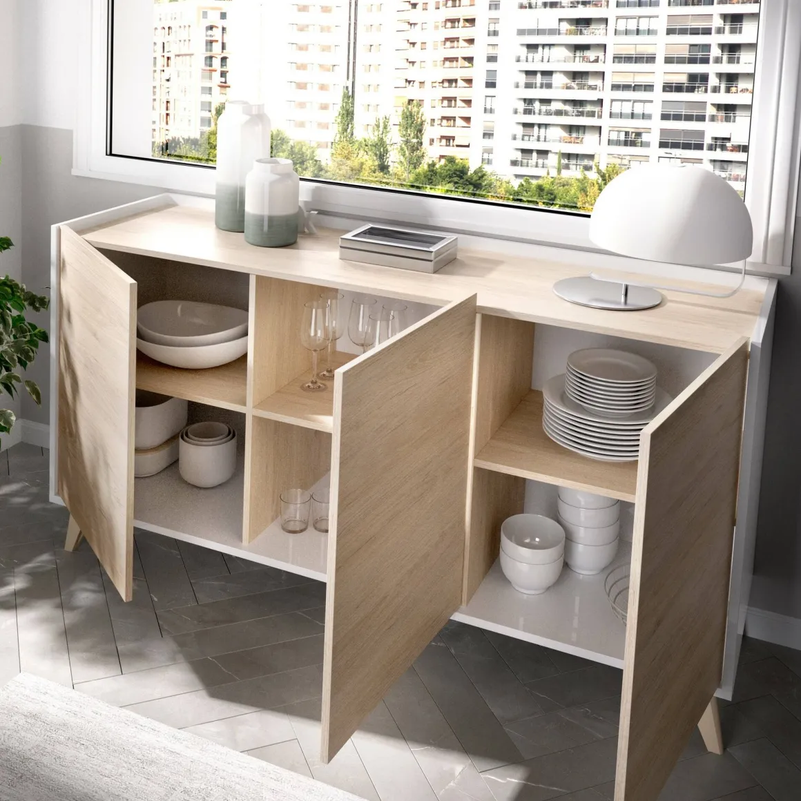 Madie|Credenze > Dmora Credenza rovere e bianca 195x39x73h cm 4 ante e 1 cassetto - Wukong Bianco, Marrone Rovere