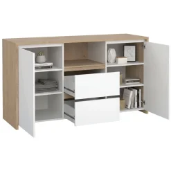 Madie|Credenze > Dmora Credenza rovere e bianco lucida 148x48x83h cm 2 ante e 2 cassetti - Alalngar Bianco Lucido, Marrone Rovere