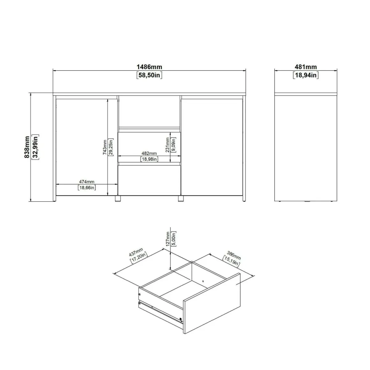 Madie|Credenze > Dmora Credenza rovere e bianco lucida 148x48x83h cm 2 ante e 2 cassetti - Alalngar Bianco Lucido, Marrone Rovere