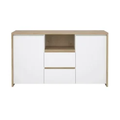 Madie|Credenze > Dmora Credenza rovere e bianco lucida 148x48x83h cm 2 ante e 2 cassetti - Alalngar Bianco Lucido, Marrone Rovere
