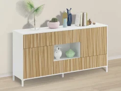 Madie|Credenze > Dmora Credenza rovere e bianco lucida 197x48x83h cm 4 ante e 1 cassetto - Basile Bianco Lucido, Marrone Rovere
