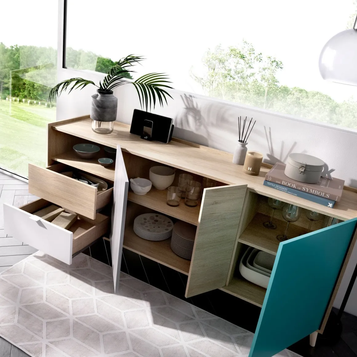 Madie|Credenze > Dmora Credenza rovere e grigia 79x34x123h cm 2 ante - Canossa Grigio, Marrone Rovere