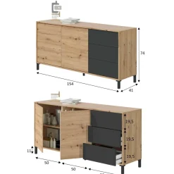 Credenza rovere nodi e antracite 154x41x75h cm 2 ante e 3 cassetti - Ardelia