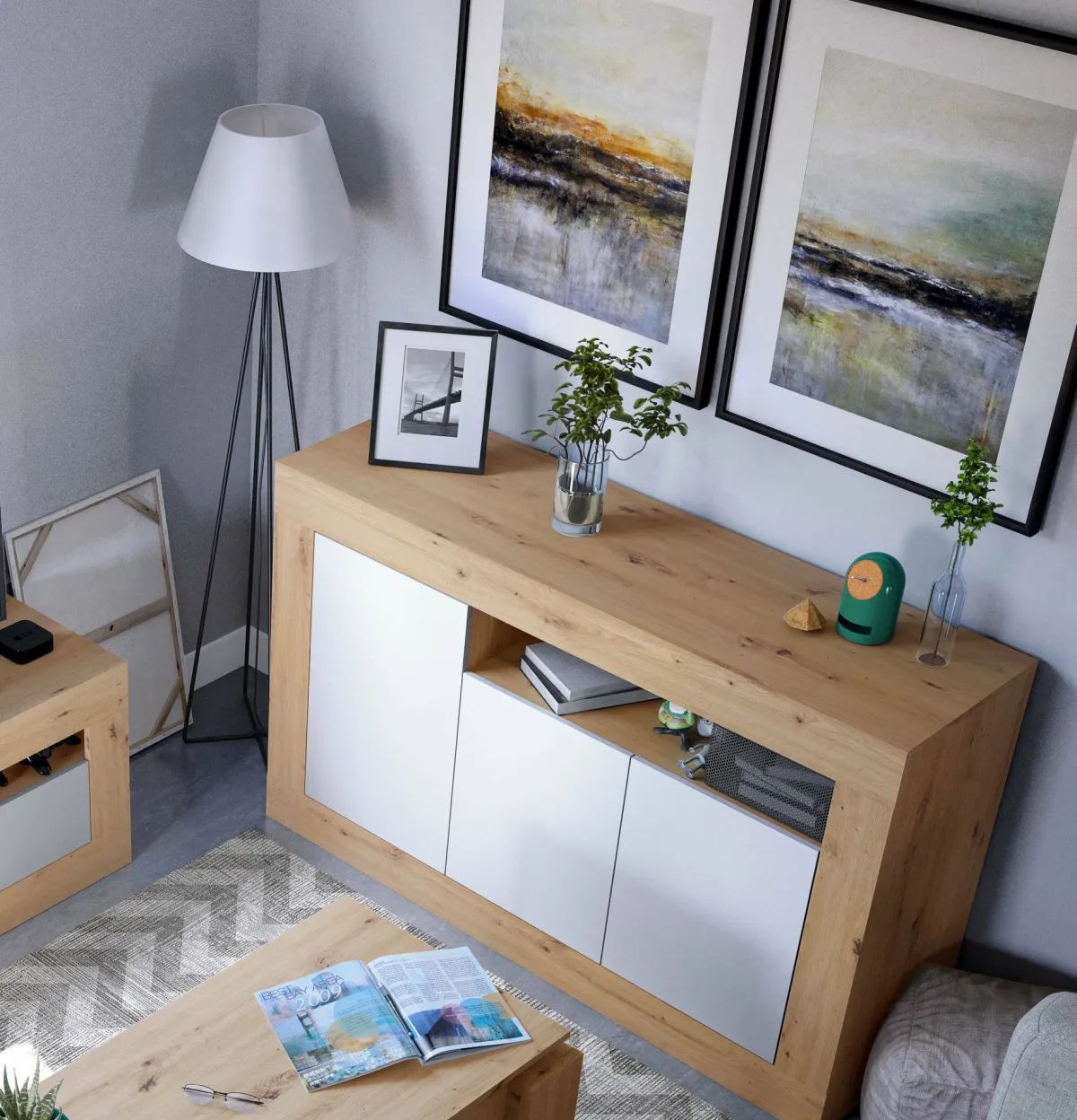 Cucina|Madie > Dmora Credenza rovere nodi e bianca 144x42x87h cm 3 ante - Ilizia Bianco, Marrone Rovere Nodi
