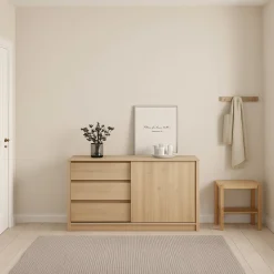 Madie|Credenze > Dmora Credenza rovere 118x50x75h cm 1 anta e 3 cassetti - Bebinca Marrone Rovere