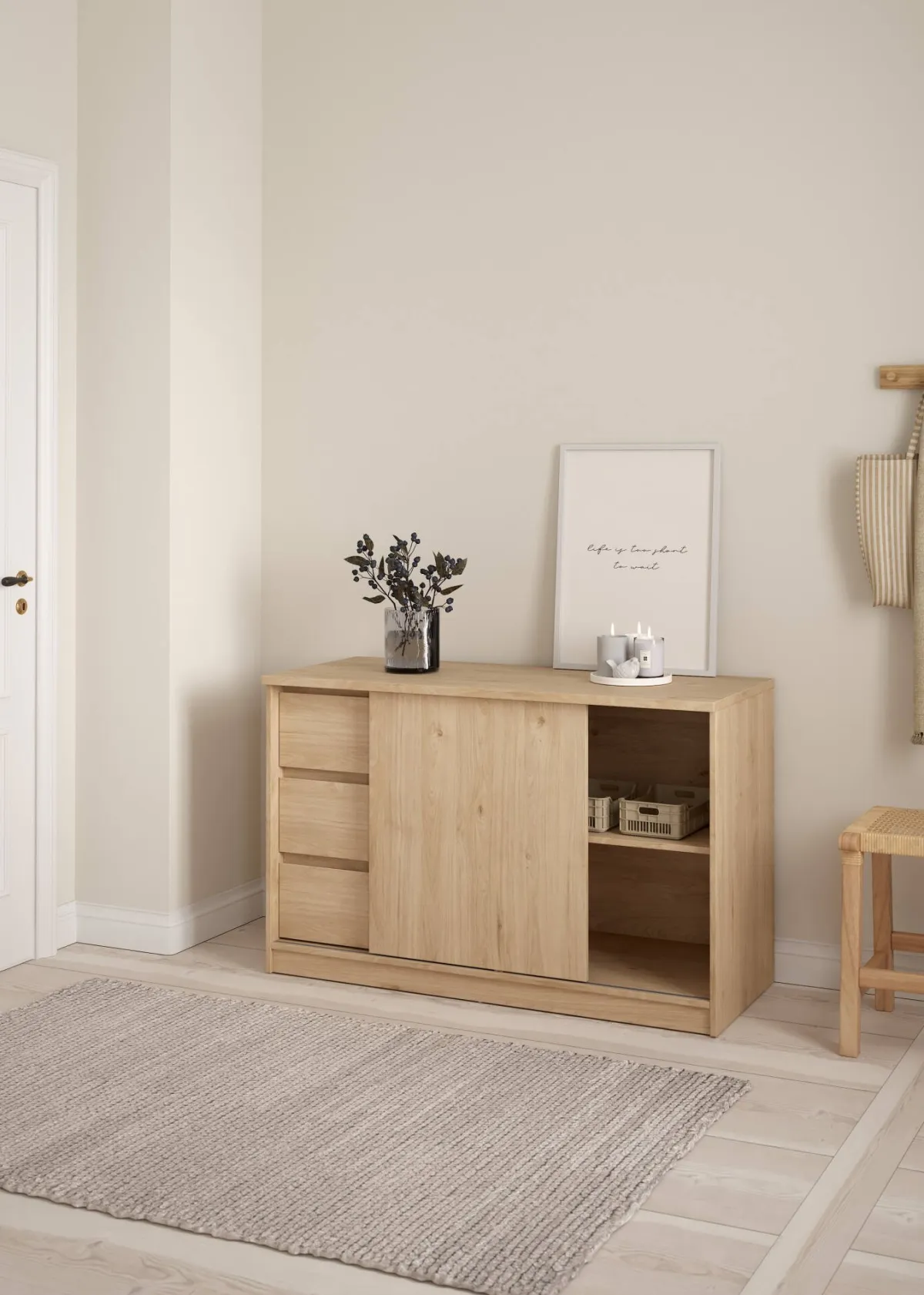 Madie|Credenze > Dmora Credenza rovere 118x50x75h cm 1 anta e 3 cassetti - Bebinca Marrone Rovere
