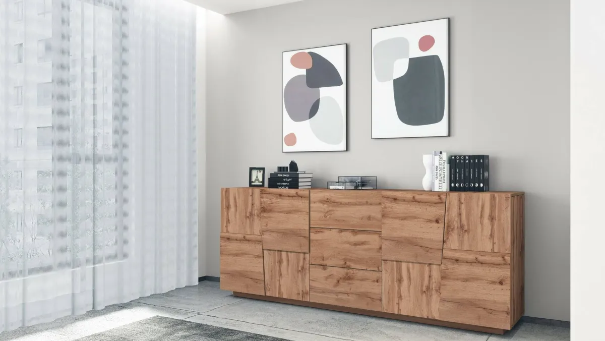 Cucina|Madie > Dmora Credenza rovere 220x44x86h cm 4 ante e 3 cassetti - Astel Marrone Rovere