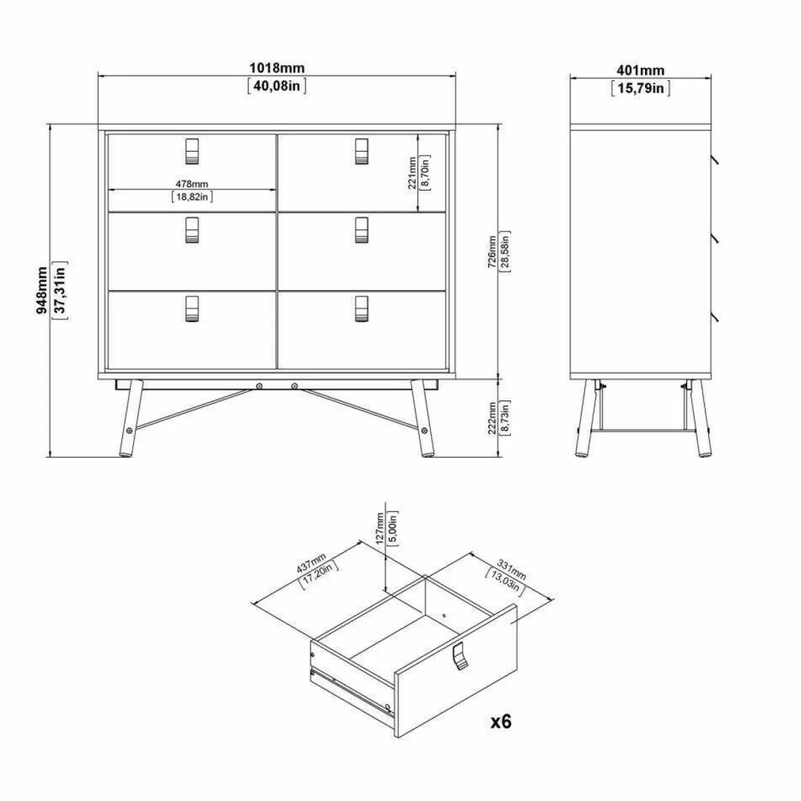 Credenza rovere 101x40x94h cm 6 cassetti - Maka