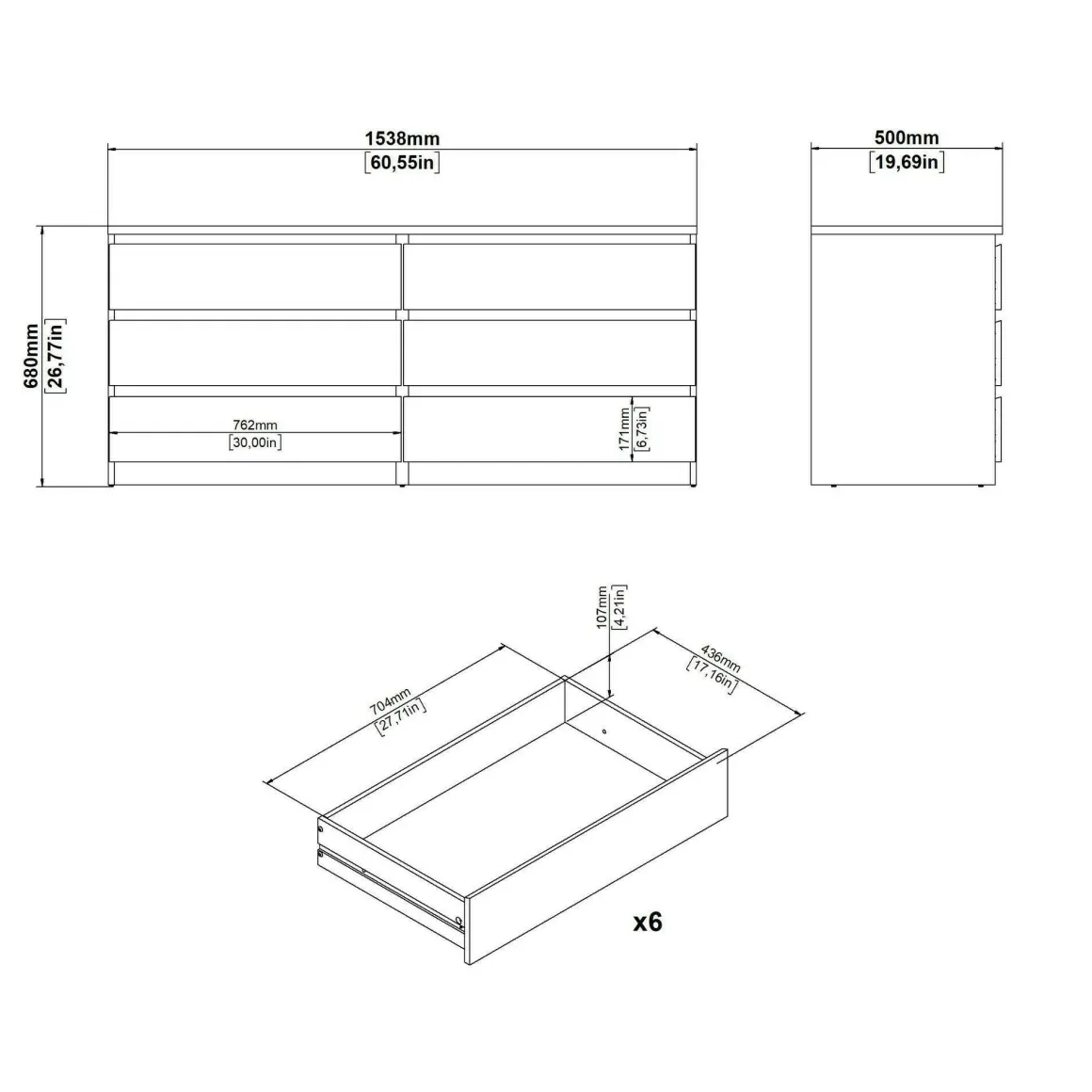 Madie|Credenze > Dmora Credenza rovere 153x50x70h cm 6 cassetti - Abacadabra Marrone Rovere