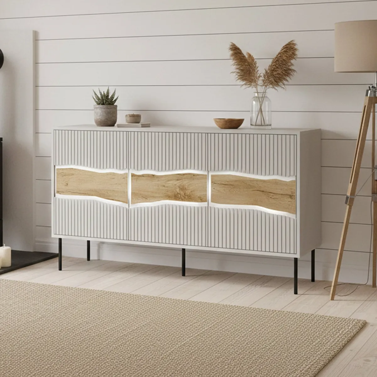 Madie|Credenze > Dmora Credenza Saliceto, 144x40 h80 cm, Beige e Rovere Nodi Beige Cashmere