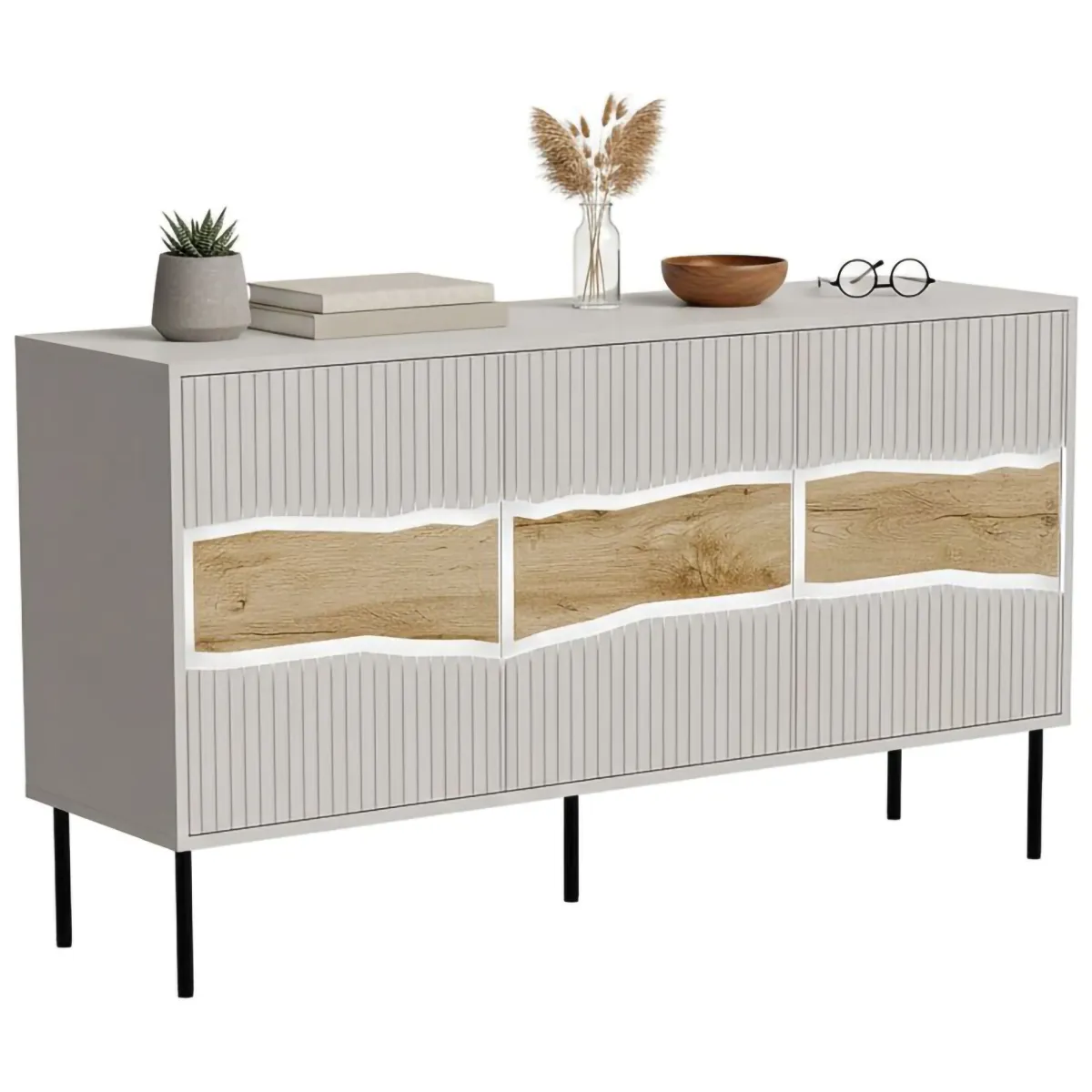 Madie|Credenze > Dmora Credenza Saliceto, 144x40 h80 cm, Beige e Rovere Nodi Beige Cashmere