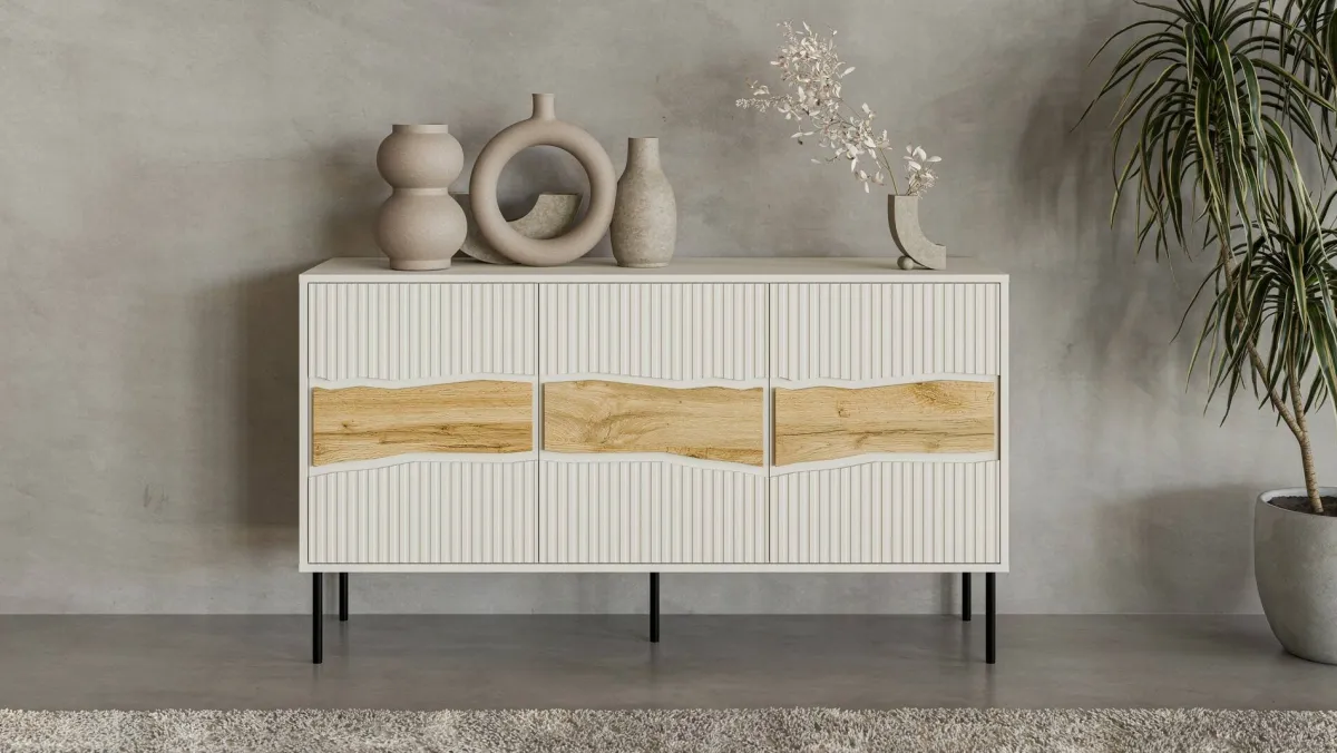Madie|Credenze > Dmora Credenza Saliceto, 144x40 h80 cm, Beige e Rovere Nodi Beige Cashmere