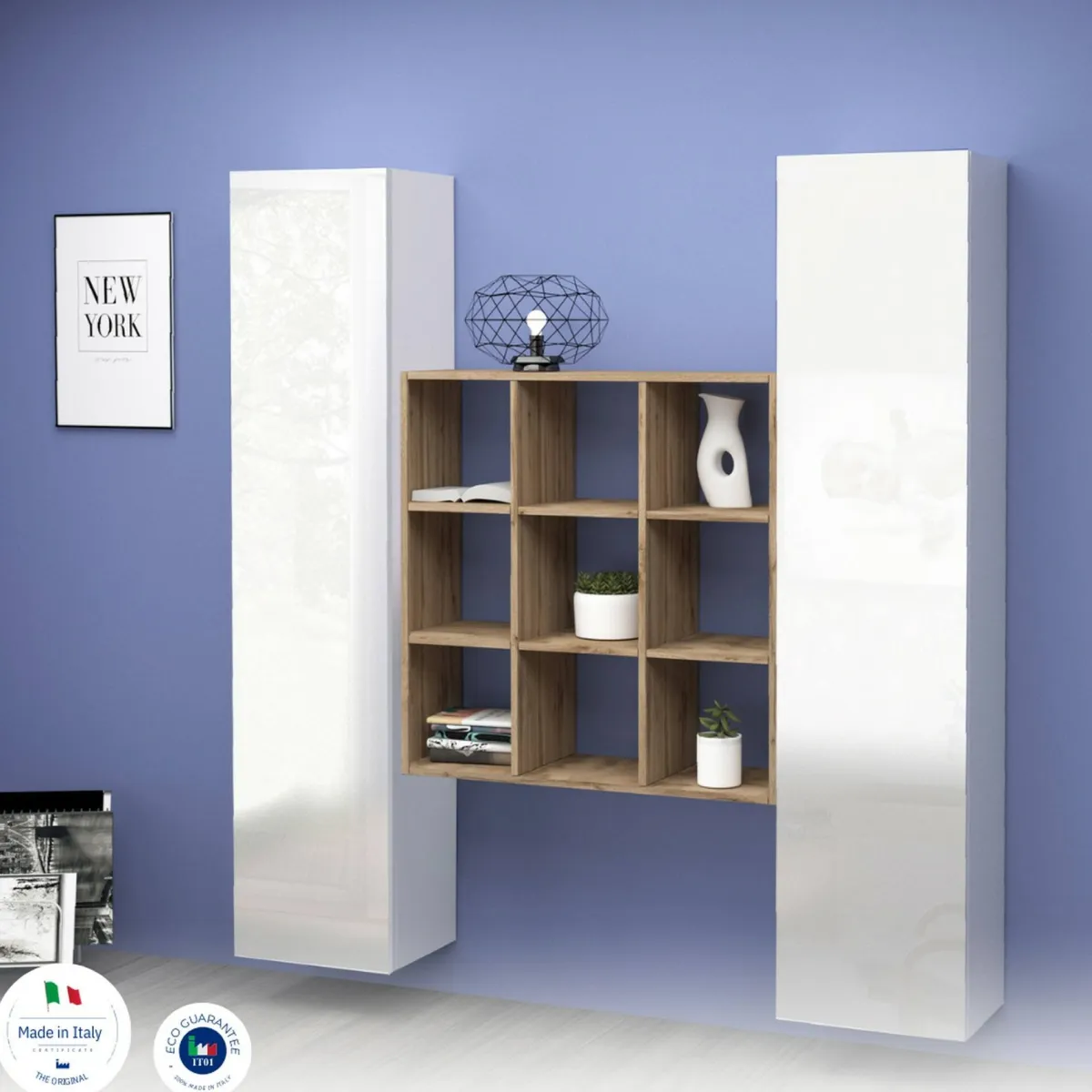Cucina|Madie > Dmora Credenza slim bianco lucida e acero 40x30x180h cm 2 ante - Acerenza Marrone Acero, Bianco Lucido