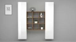 Cucina|Madie > Dmora Credenza slim bianco lucida e acero 40x30x180h cm 2 ante - Acerenza Marrone Acero, Bianco Lucido