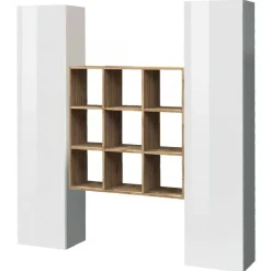 Cucina|Madie > Dmora Credenza slim bianco lucida e acero 40x30x180h cm 2 ante - Acerenza Marrone Acero, Bianco Lucido