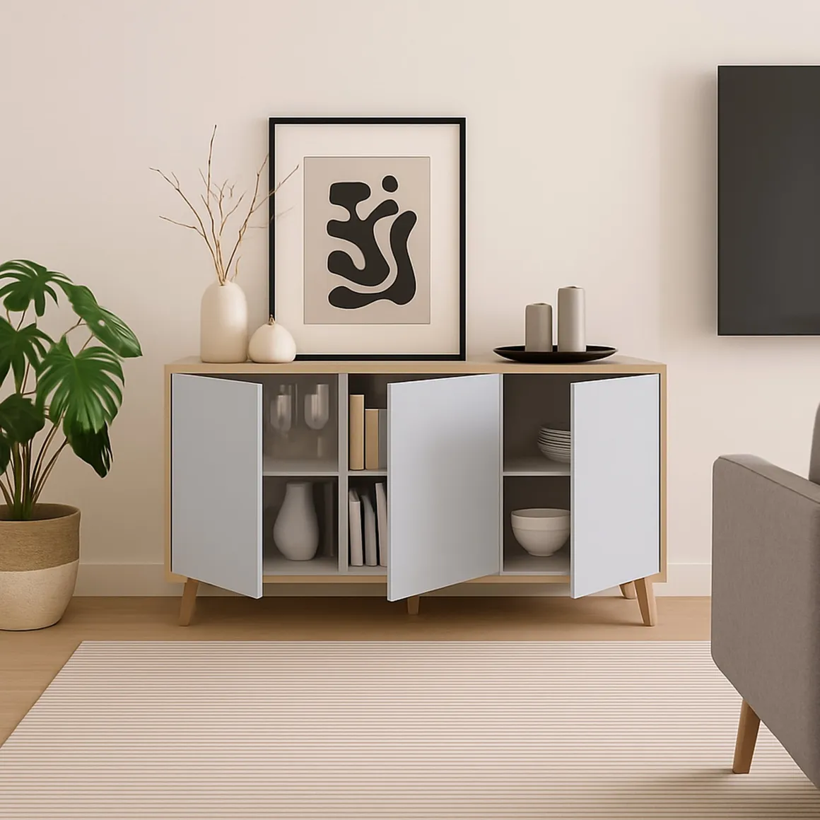 Credenza soggiorno rovere e bianca 154x41x75h cm 3 ante - Acrolorum