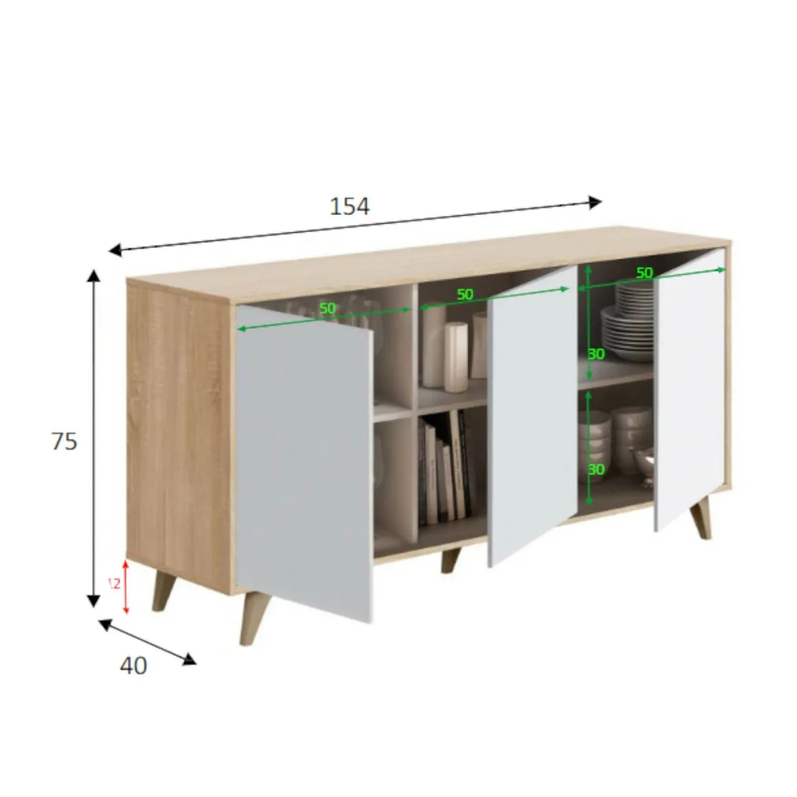 Credenza soggiorno rovere e bianca 154x41x75h cm 3 ante - Acrolorum