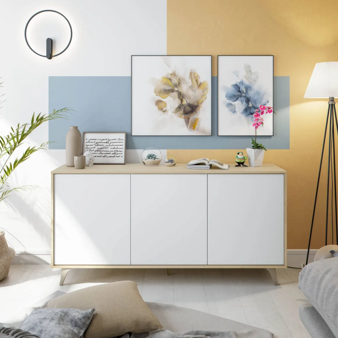 Credenza soggiorno rovere e bianca 154x41x75h cm 3 ante - Acrolorum